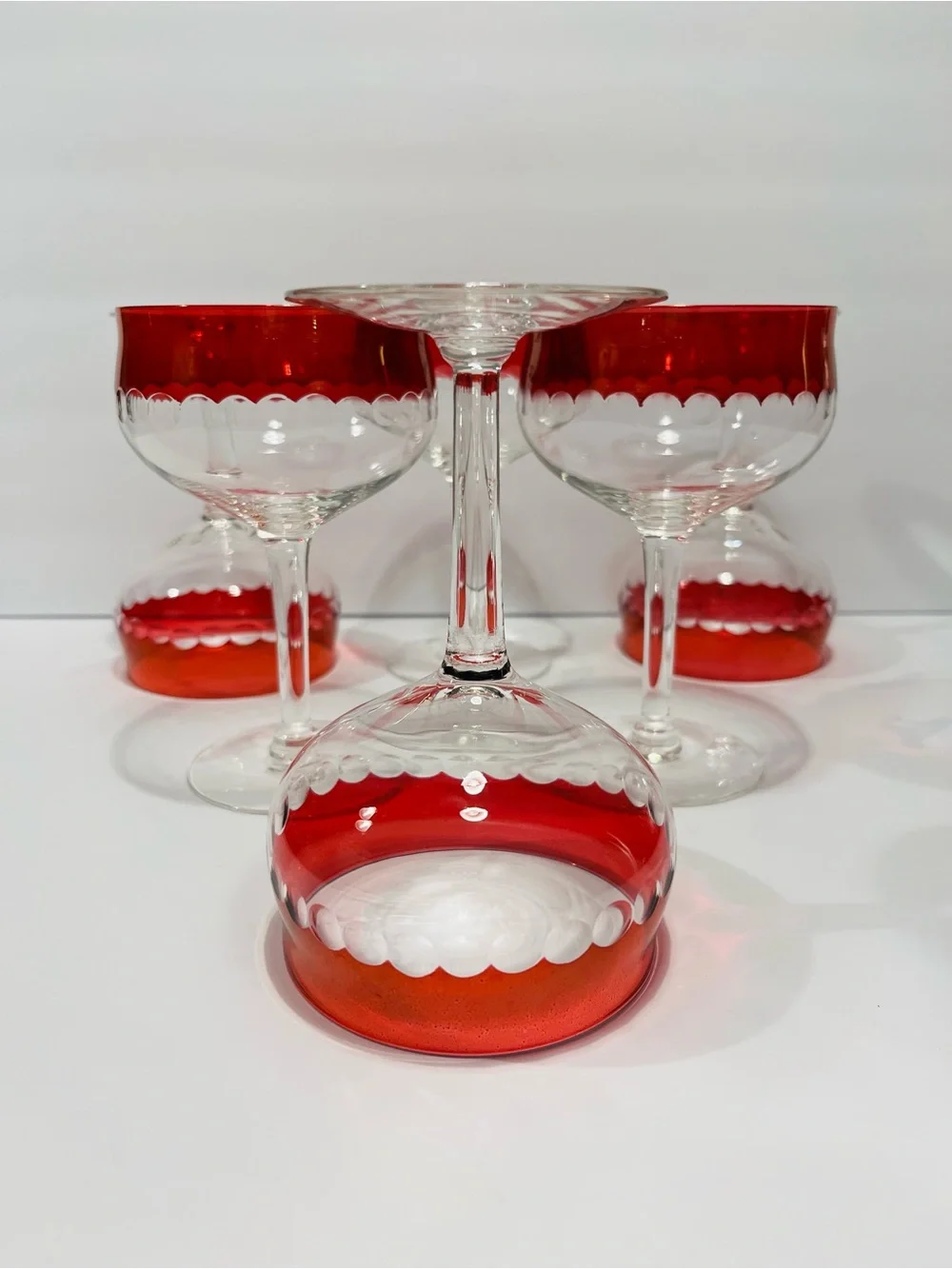 Vtg MCM Czech Thin Crystal  Cranberry & Cut Dots Set of 6 Coupe or Wine Glasses